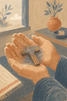 Lenten Ashes on Wooden Cross in Hands