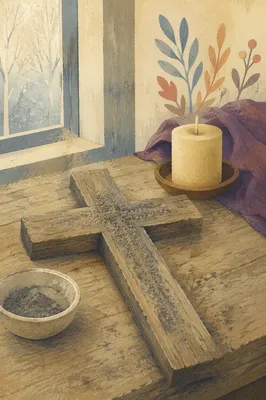 Lenten Ashes on Weathered Wooden Cross