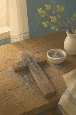 Lent Ashes on Wooden Cross Table