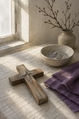 Lent Ashes on Wooden Cross Still Life