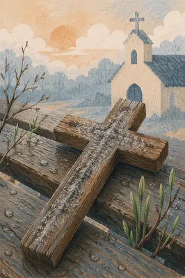 Lent Ashes on Rain-Damp Wooden Cross