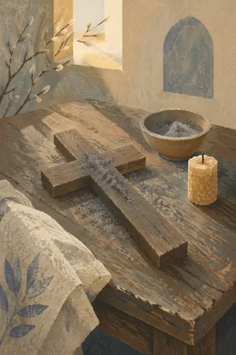 Lent Ashes on Weathered Wooden Cross