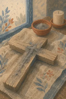 Lent Ashes on Weathered Wooden Cross