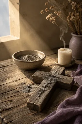 Lent Ashes on Weathered Wooden Cross