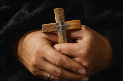 Lenten Ashes on Wooden Cross in Hands