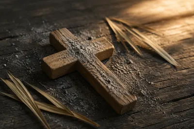 Lenten Ashes on Weathered Wooden Cross
