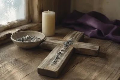 Lenten Ashes on Weathered Wooden Cross