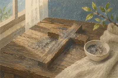 Lent Ashes on Wooden Cross Table