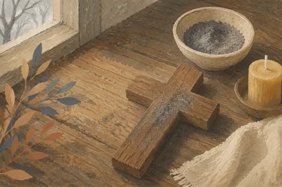 Lent Ashes on Wooden Cross Table