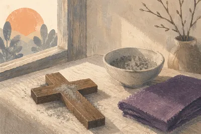 Lent Ashes on Wooden Cross Table
