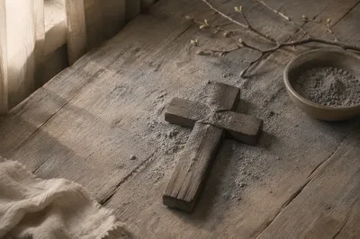 Lent Ashes on Wooden Cross Still Life