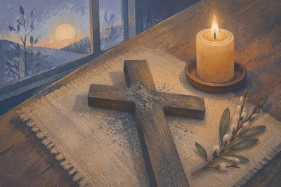 Lenten Ashes on Weathered Wooden Cross