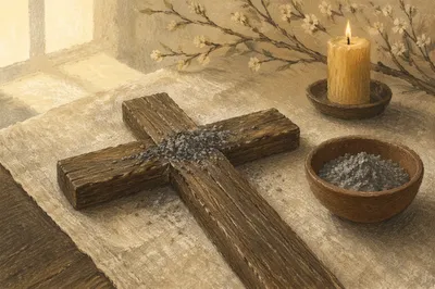 Lent Ashes on Weathered Wooden Cross