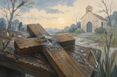 Lent Ashes on Rain Dappled Wooden Cross