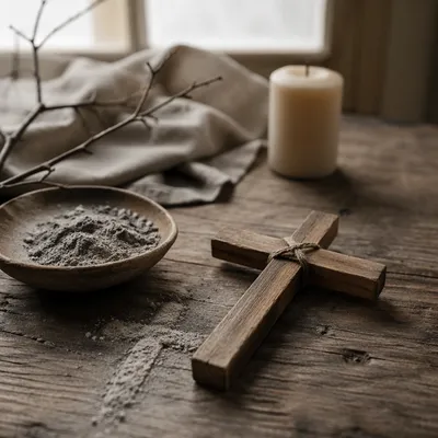 Lenten Ashes Beside Handmade Wooden Cross