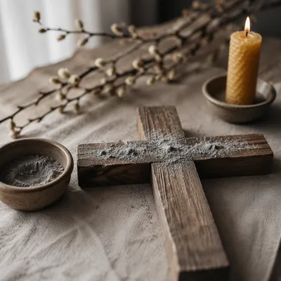 Lent Ashes on Weathered Wooden Cross