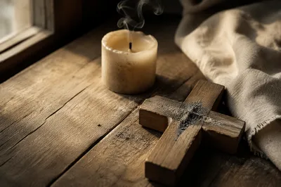 Lenten Ashes on Weathered Wooden Cross