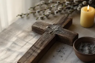 Lent Ashes on Weathered Wooden Cross