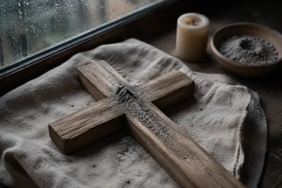 Lenten Ashes on Weathered Wooden Cross