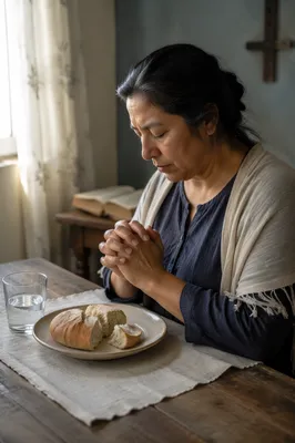 Woman Praying Beside Bread and Water