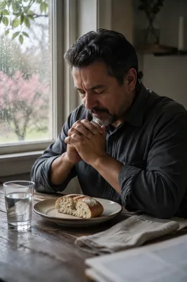 Man Praying Over Bread and Water