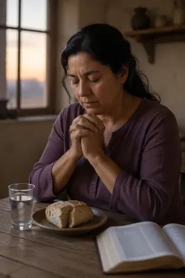 Woman Praying at Rustic Kitchen Table