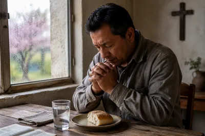 Man Praying Over Bread and Water