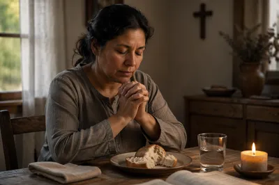 Woman Praying at Simple Evening Meal