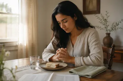 Woman Praying at Table with Bread