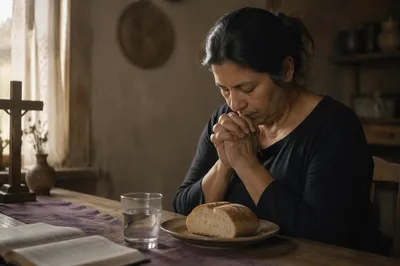 Woman Praying at Simple Kitchen Table