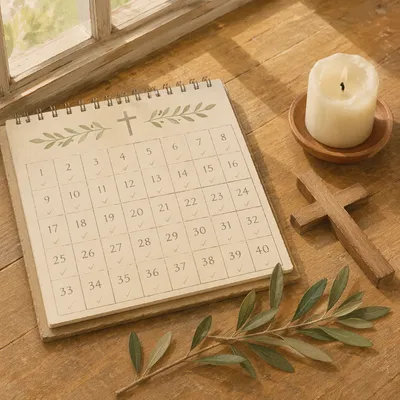 Lent Forty-Day Calendar and Wooden Cross