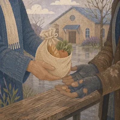 Lenten Almsgiving Hands Offering Groceries Outdoors