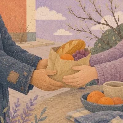 Lenten Almsgiving Hands Sharing Bread Outdoors