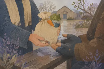 Lenten Almsgiving Hands Offering Groceries Outdoors