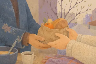 Lenten Almsgiving Hands Sharing Bread Outdoors