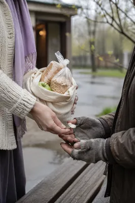 Lenten Almsgiving Hands Sharing Groceries Outdoors