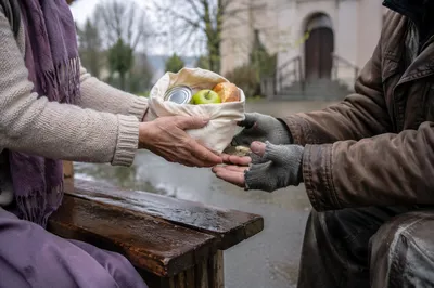 Lenten Almsgiving Hands Sharing Food Offering