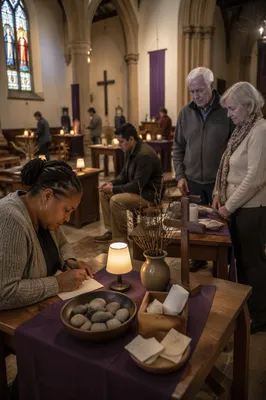 Quiet Church Interior with Lent Prayer Stations