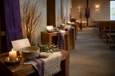 Quiet Church Interior with Prayer Stations