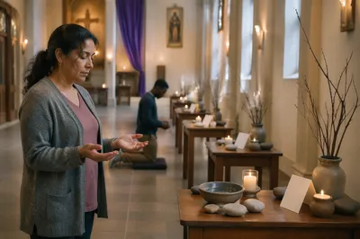 Quiet Church Interior with Lent Prayer Stations