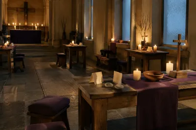 Quiet Church Interior with Prayer Stations