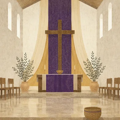 Lenten Sanctuary Cross With Purple Drapery