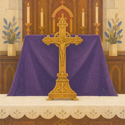 Lenten Gold Crucifix with Purple Drapery