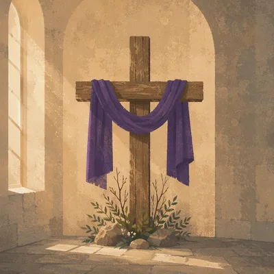 Lenten Cross with Purple Draped Cloth