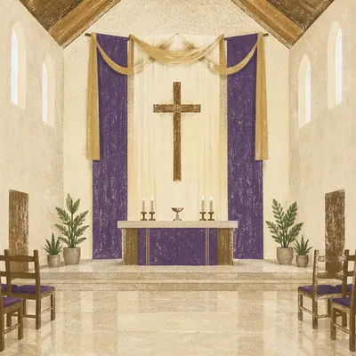 Lenten Sanctuary Cross with Purple Drapery