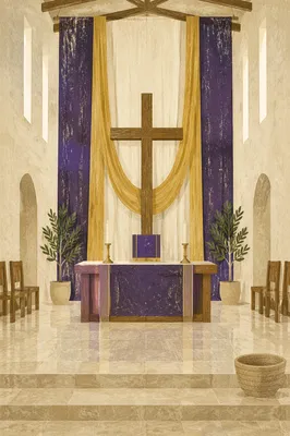 Lenten Sanctuary Cross With Purple Drapery