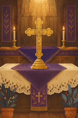 Lenten Gold Cross with Purple Draped Cloth