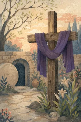 Lenten Cross with Purple Cloth in Garden