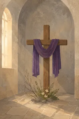Lenten Wooden Cross with Purple Drape
