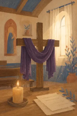 Lenten Cross with Purple Draped Cloth